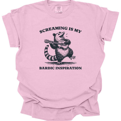The same Bardic Inspiration possum design, on a blossom t-shirt.