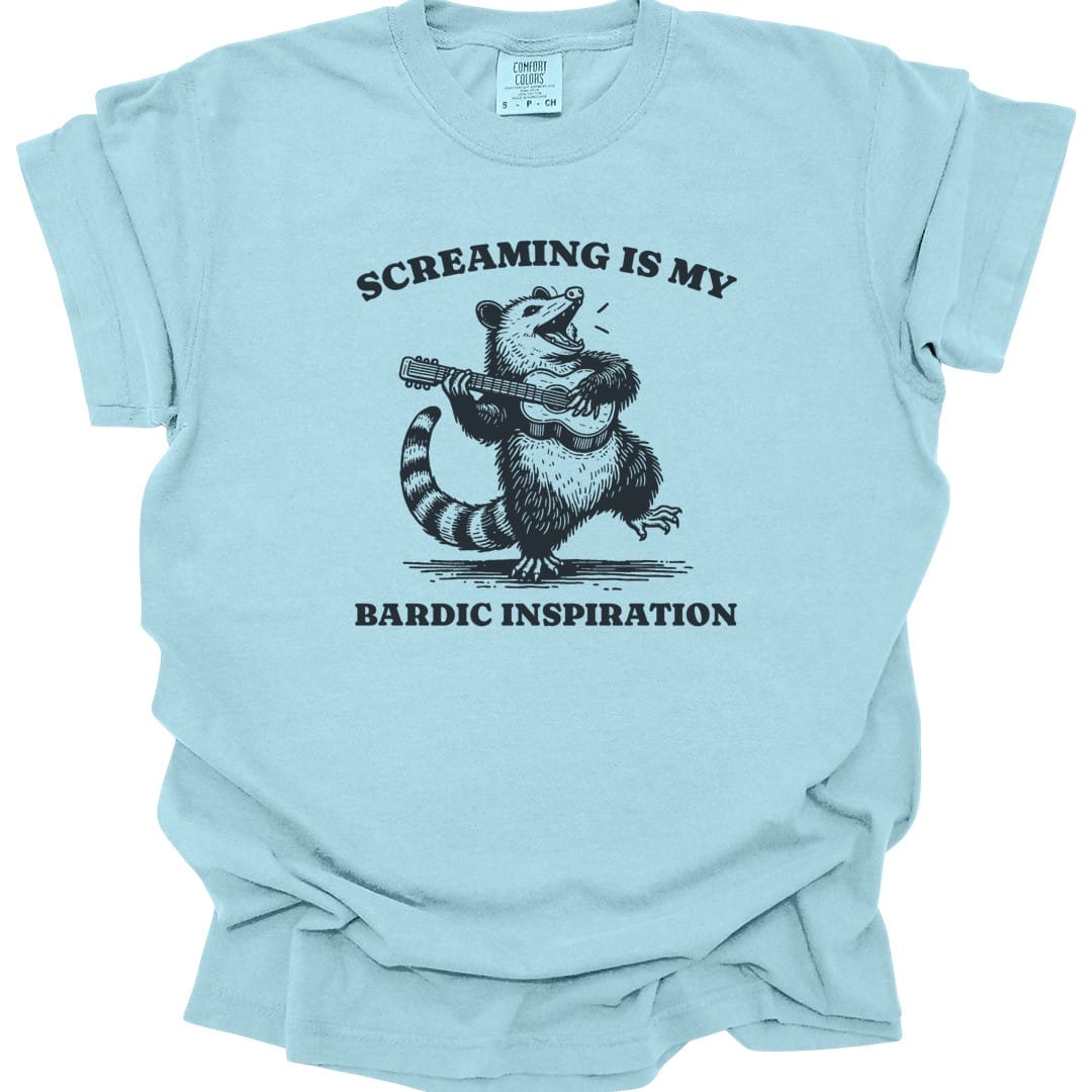 The same Bardic Inspiration possum design, on a chambray t-shirt.