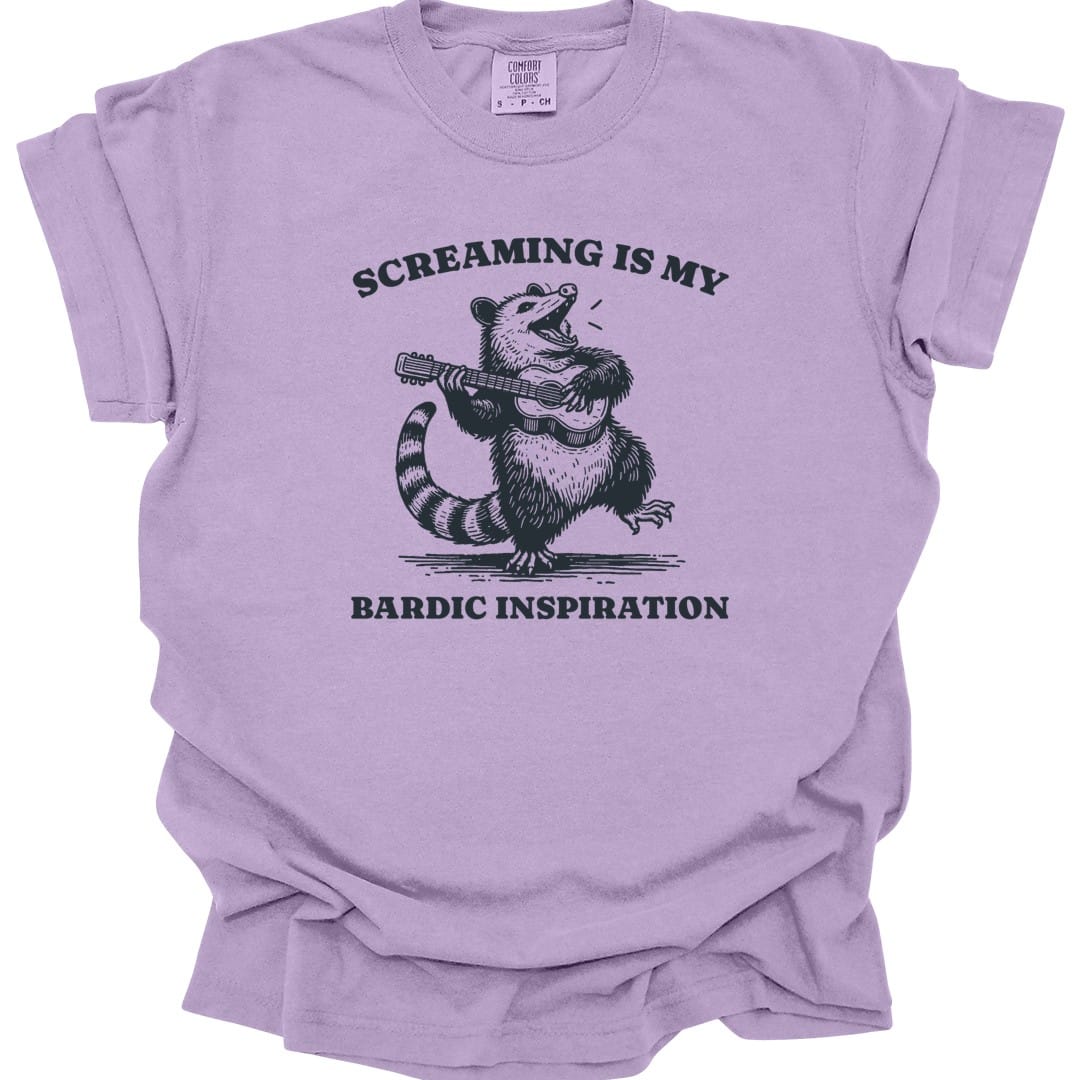 The same Bardic Inspiration possum design, on an orchid t-shirt.