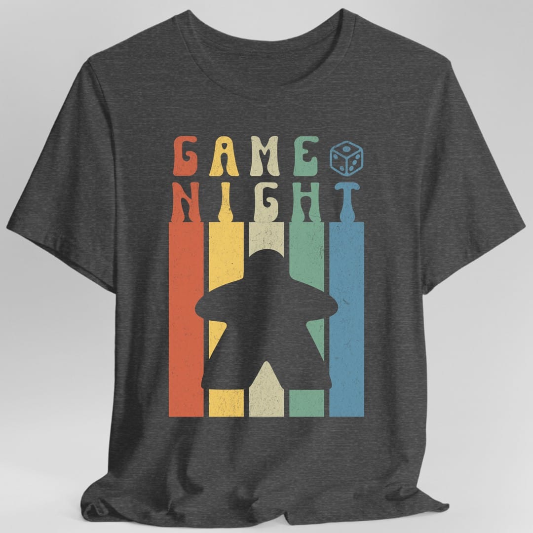 The same Game Night retro meeple design, on a dark heather t-shirt.