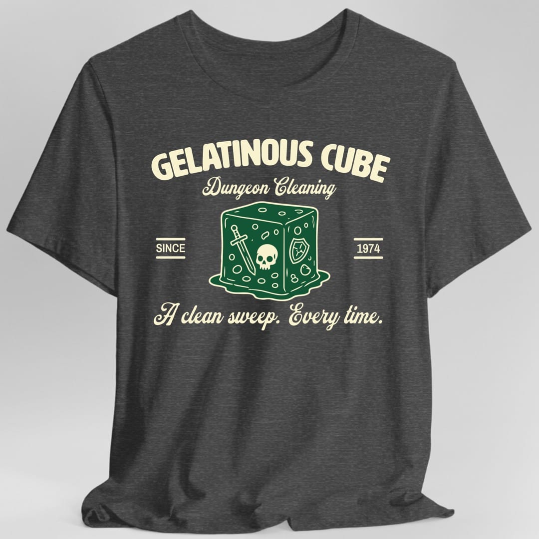 The same Gelatinous Cube Dungeon Cleaning logo design, on a dark heather t-shirt.