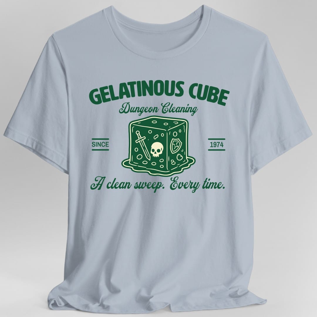 The same Gelatinous Cube Dungeon Cleaning logo design, on a light blue t-shirt.