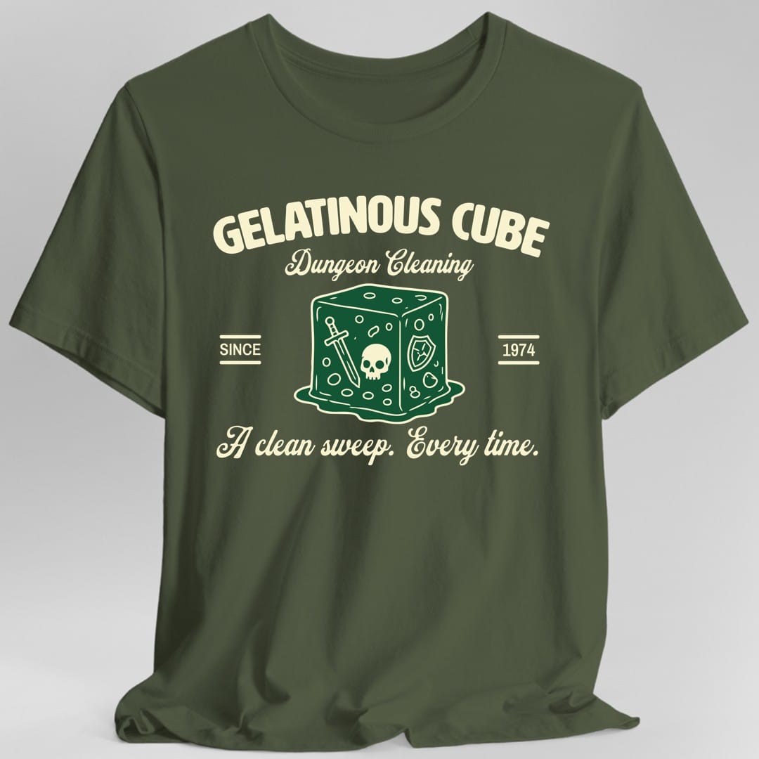 The same Gelatinous Cube Dungeon Cleaning logo design, on a military green t-shirt.