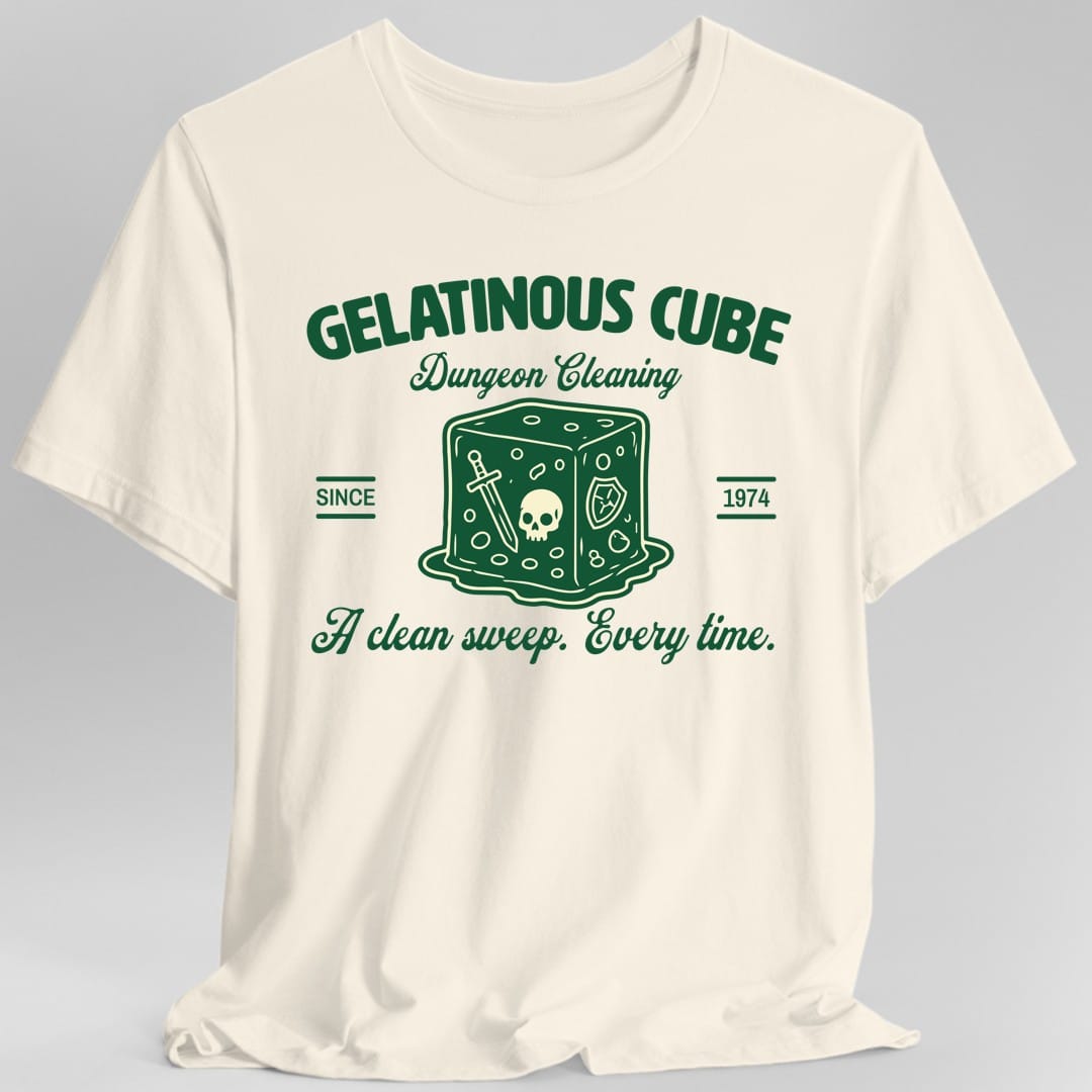 The same Gelatinous Cube Dungeon Cleaning logo design, on a natural t-shirt.