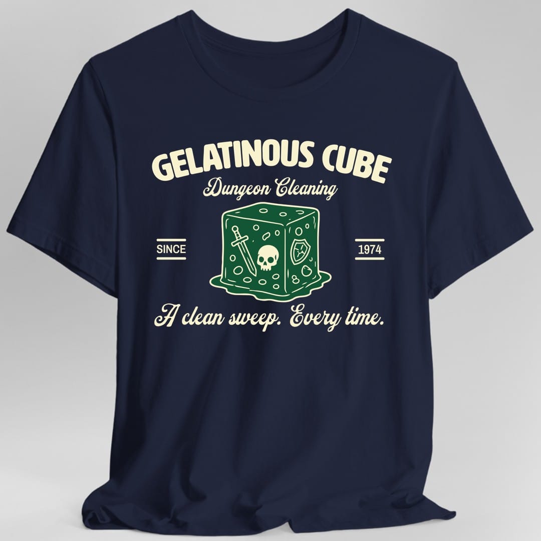 The same Gelatinous Cube Dungeon Cleaning logo design, on a navy t-shirt.