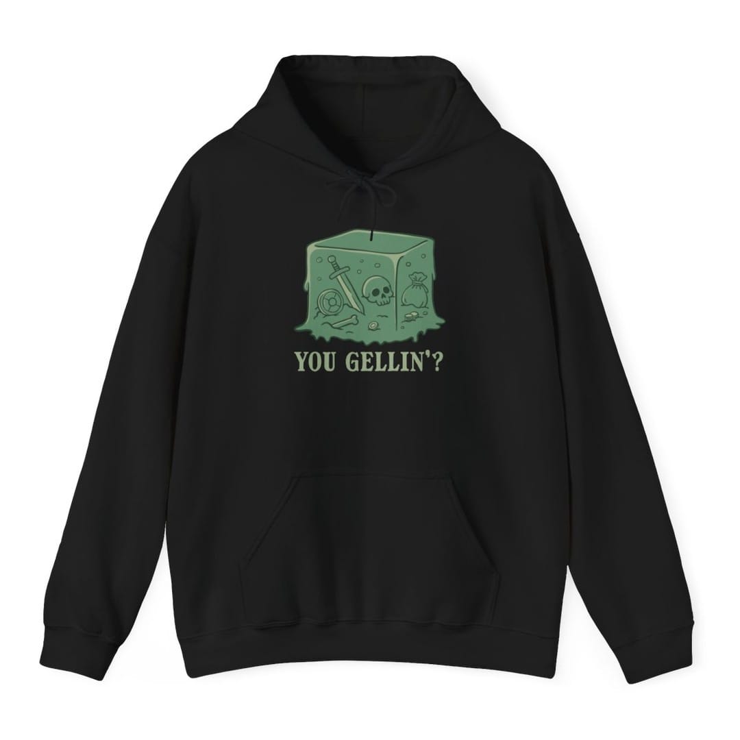 Black hoodie. A translucent green cube of jelly sits in the middle with things suspended inside it: a sword, a skull, a coin pouch, a shield and a few coins. Below it, "You gellin'?" in green capitals. Simple flat cartoon style.