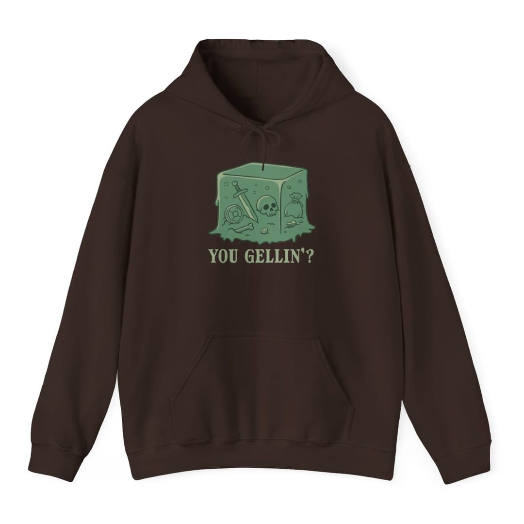The same Gelatinous Cube design, on a dark chocolate hoodie.