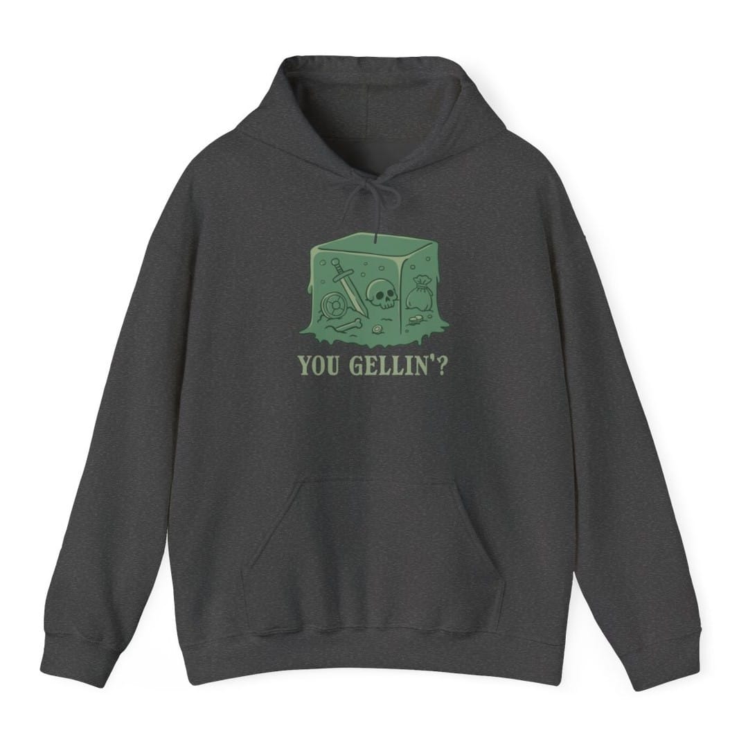 The same Gelatinous Cube design, on a dark heather hoodie.