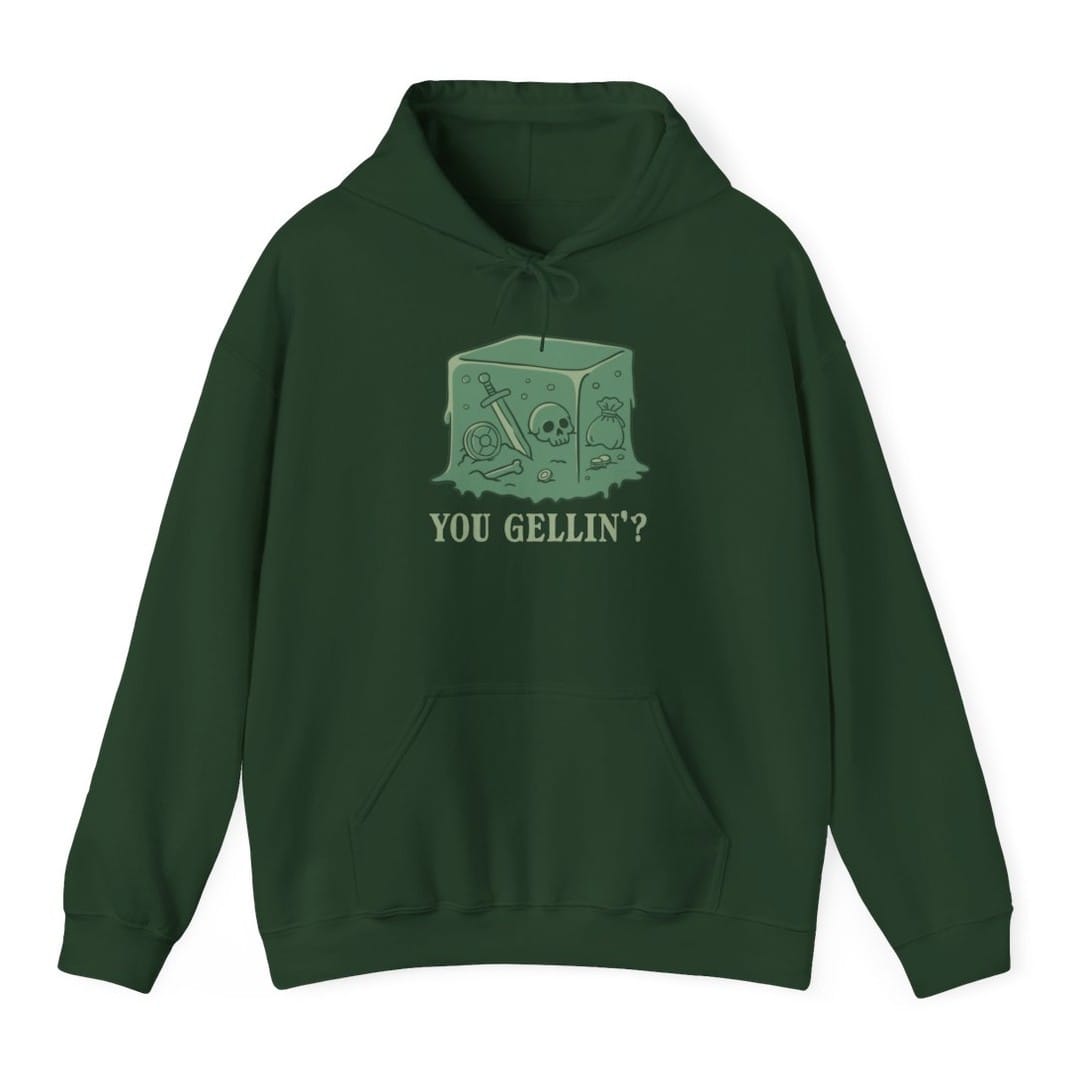 The same Gelatinous Cube design, on a forest green hoodie.