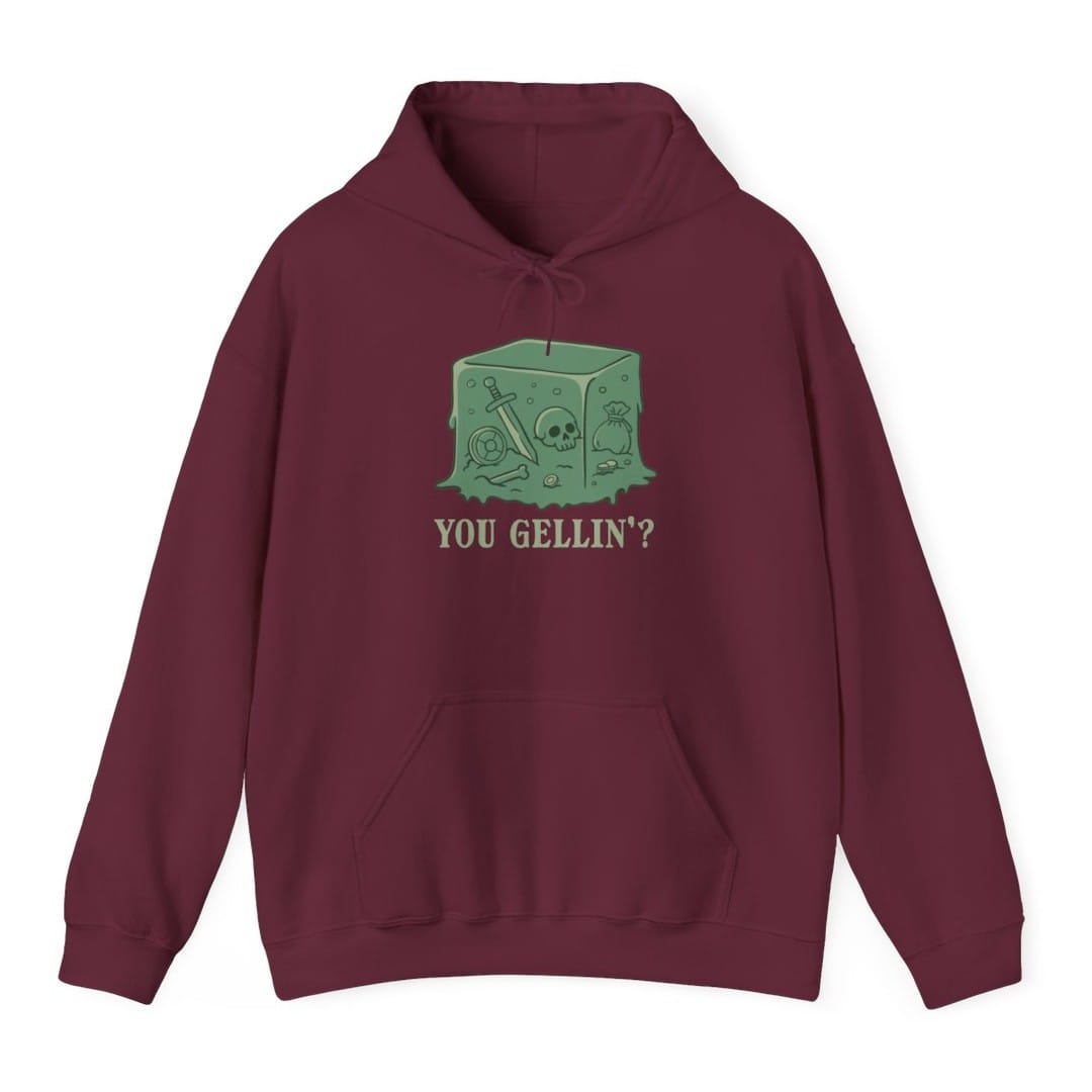 The same Gelatinous Cube design, on a maroon hoodie.