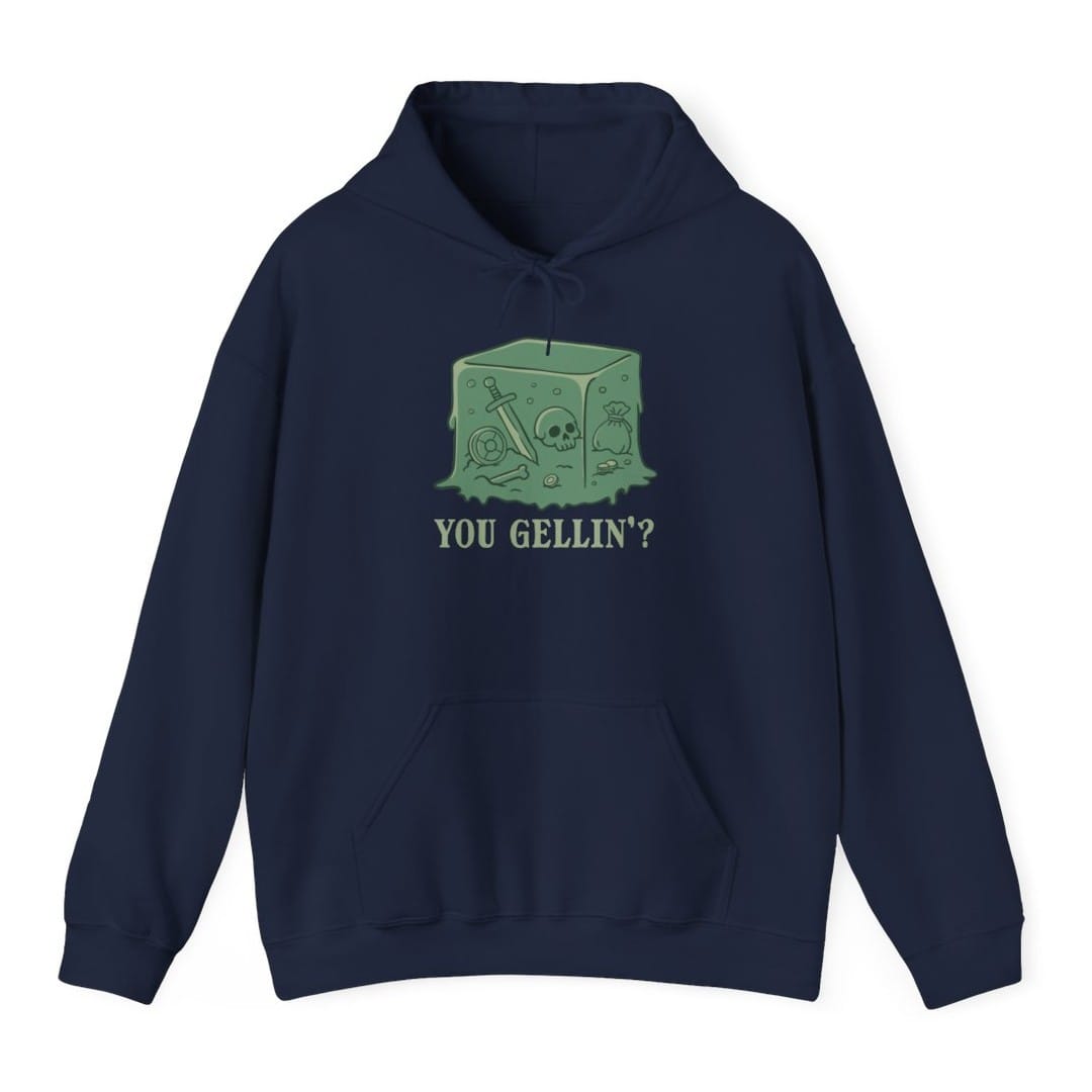 The same Gelatinous Cube design, on a navy hoodie.