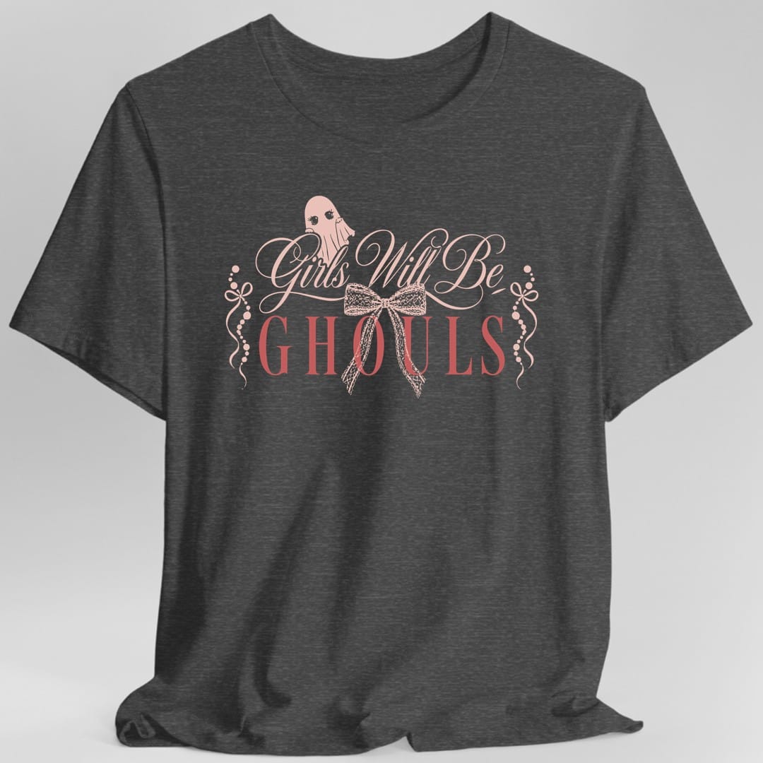 The same Girls Will Be Ghouls coquette design, on a dark heather t-shirt.