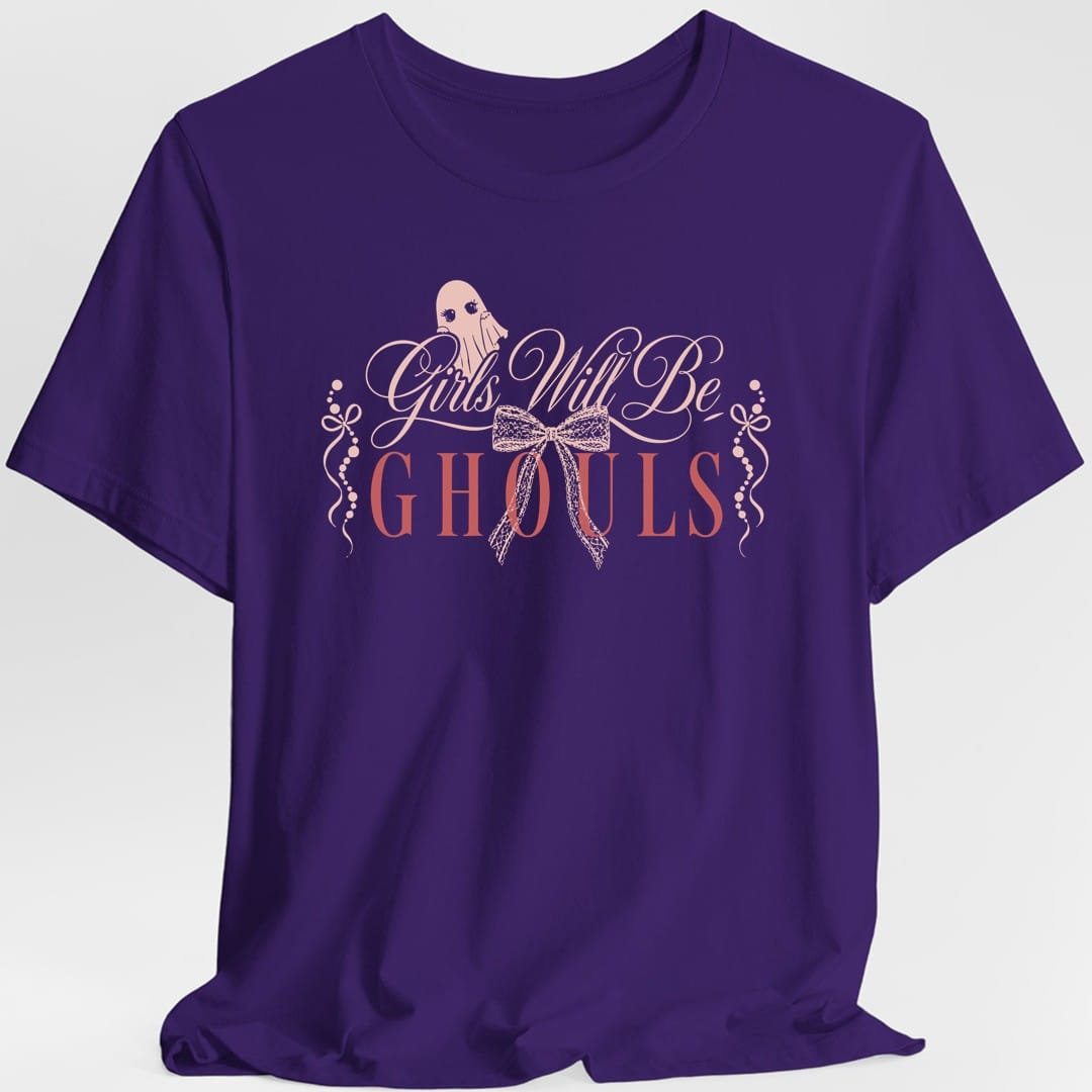 The same Girls Will Be Ghouls coquette design, on a purple t-shirt.