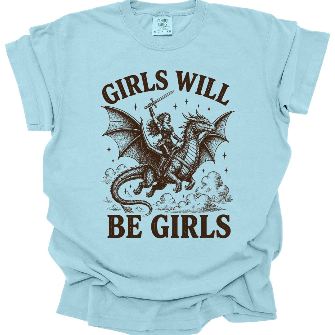 The same Girls Will Be Girls design, on a chambray t-shirt.