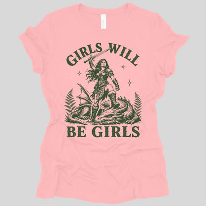 The same Girls Will Be Girls dragon slayer design, on a pink women's t-shirt.