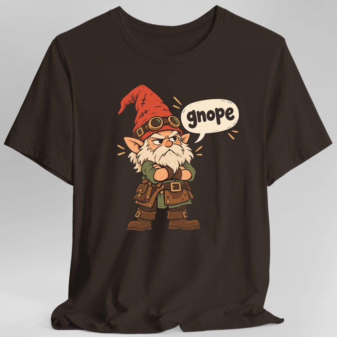 The same Gnope gnome design, on a dark chocolate t-shirt.