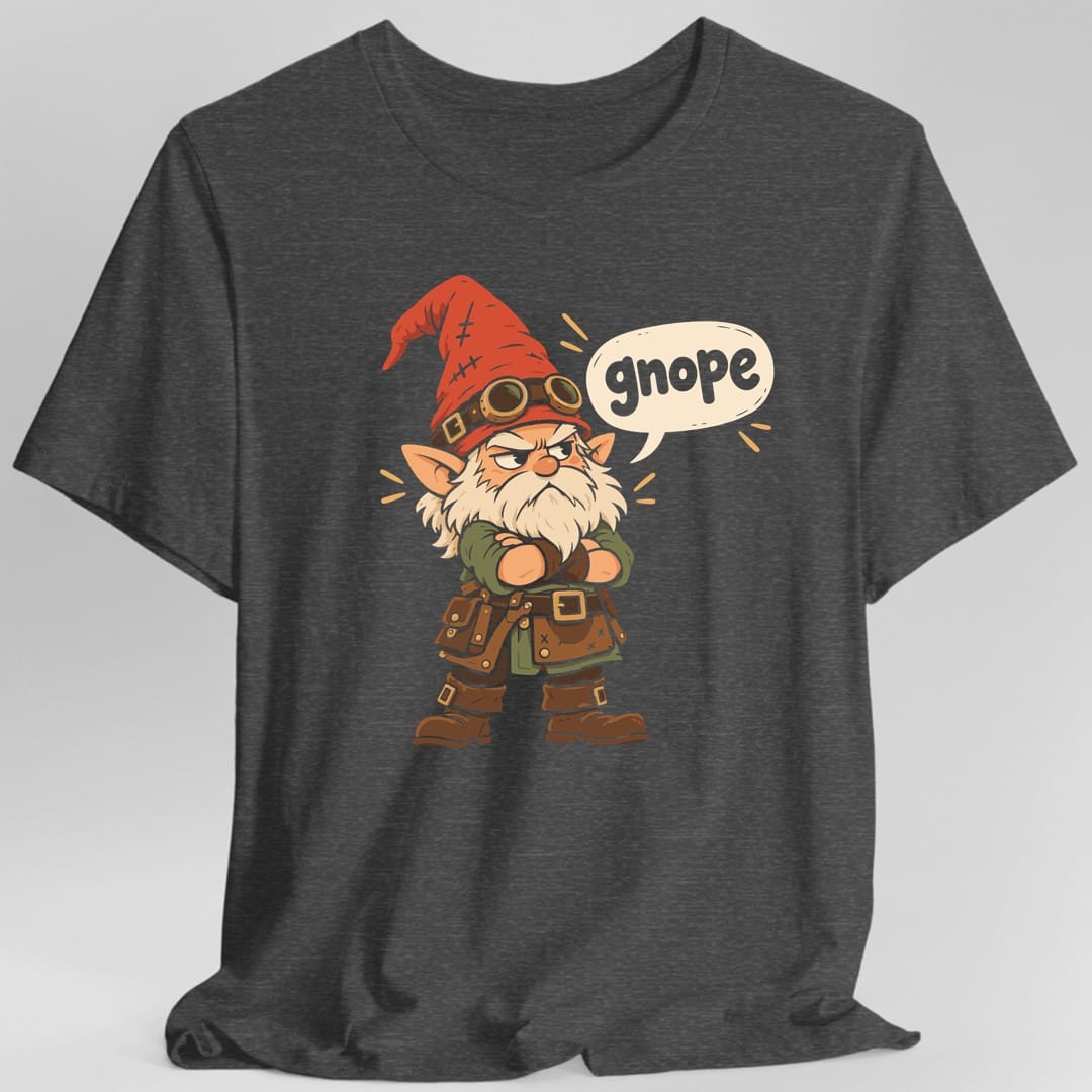 The same Gnope gnome design, on a dark heather t-shirt.