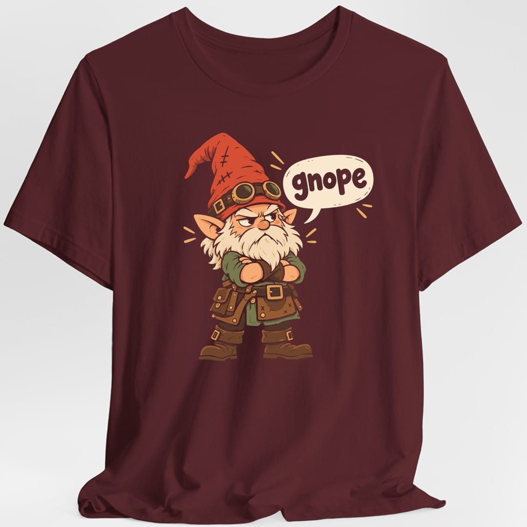 The same Gnope gnome design, on a maroon t-shirt.