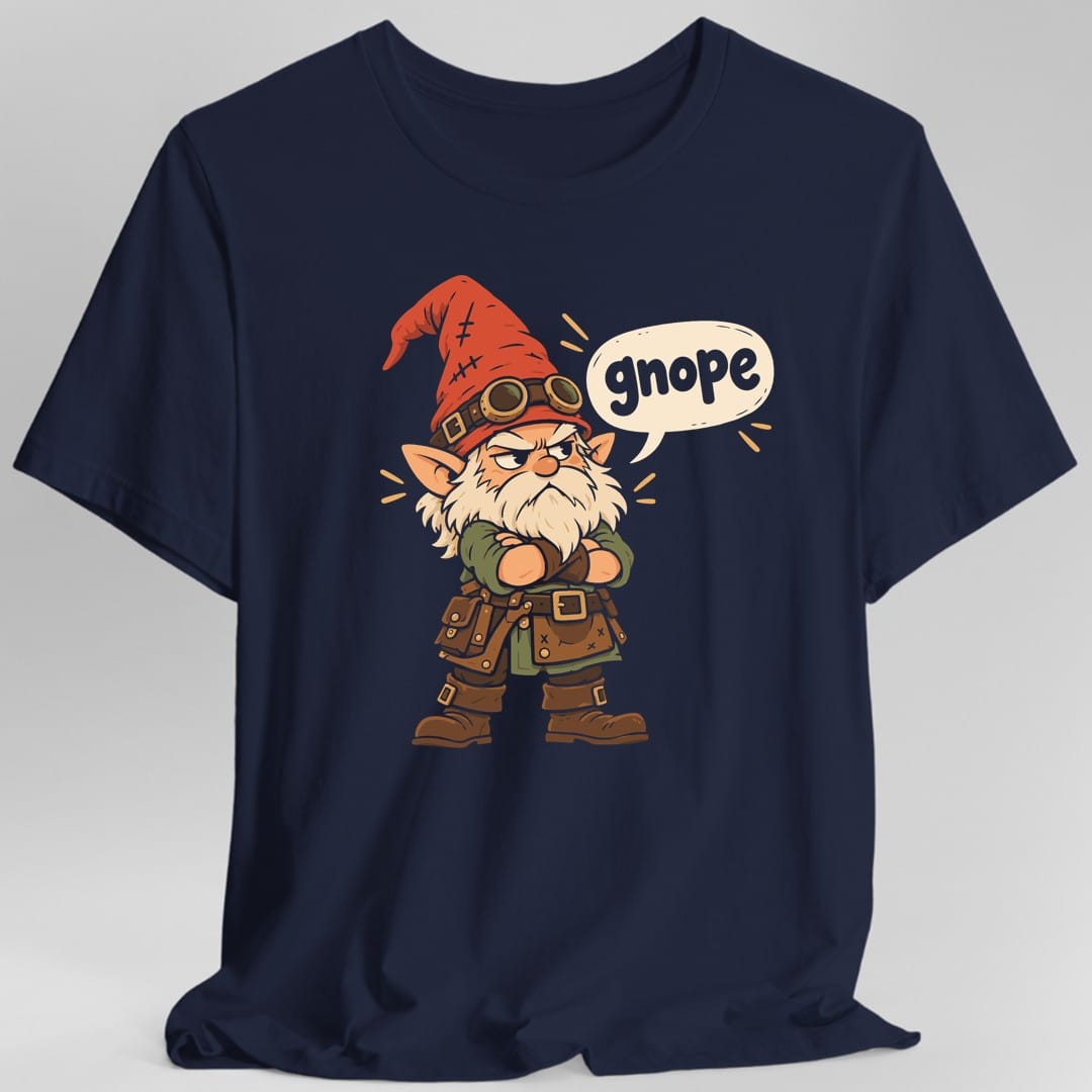 The same Gnope gnome design, on a navy t-shirt.