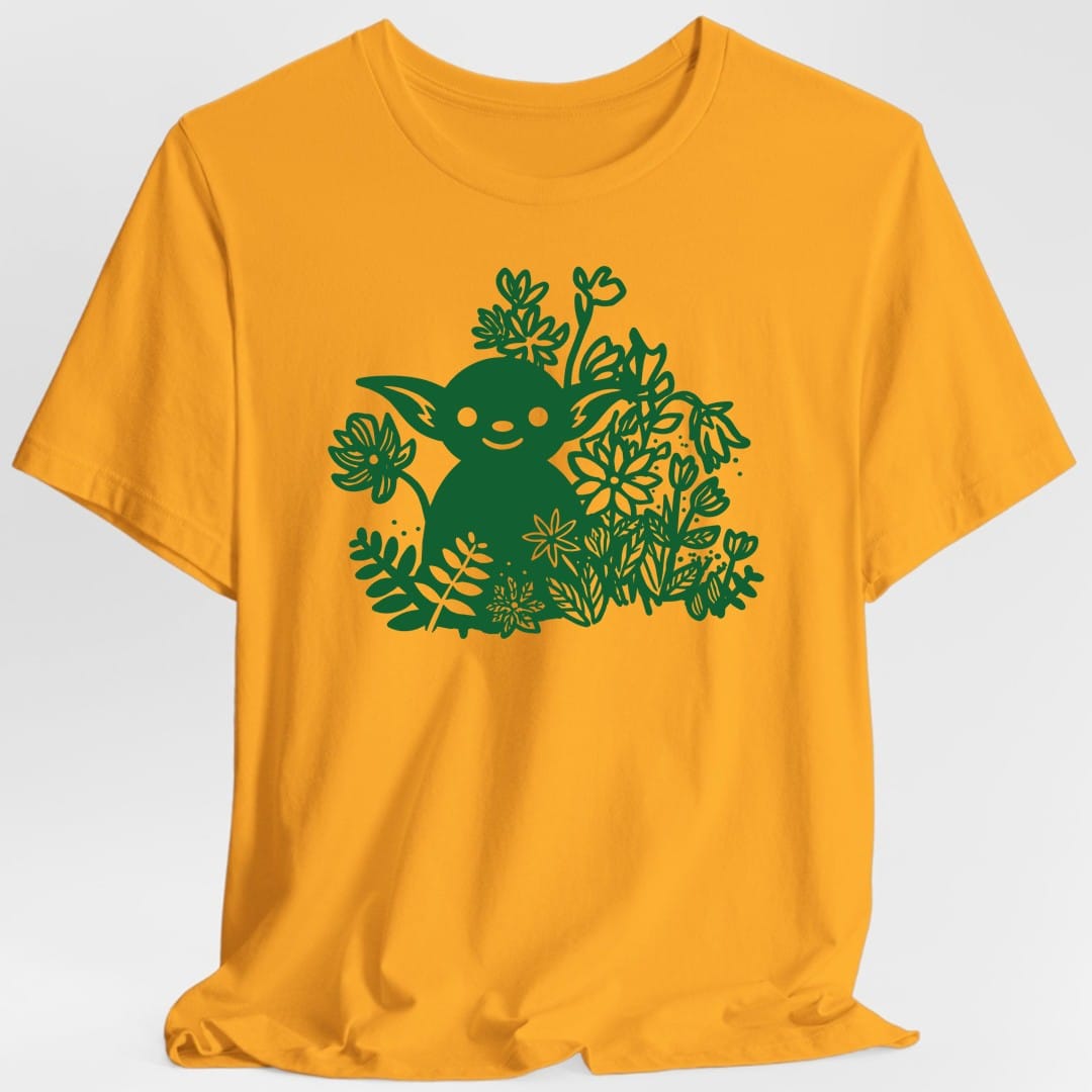 The same Goblin in flowers design, on a gold t-shirt.