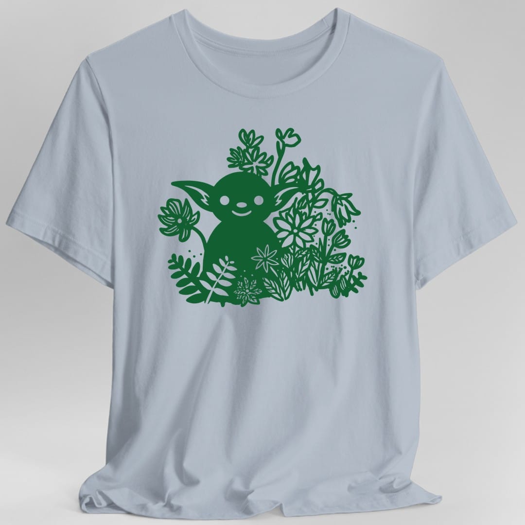 The same Goblin in flowers design, on a light blue t-shirt.