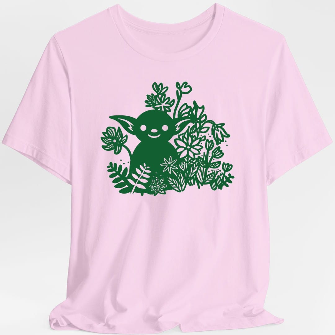 The same Goblin in flowers design, on a light pink t-shirt.