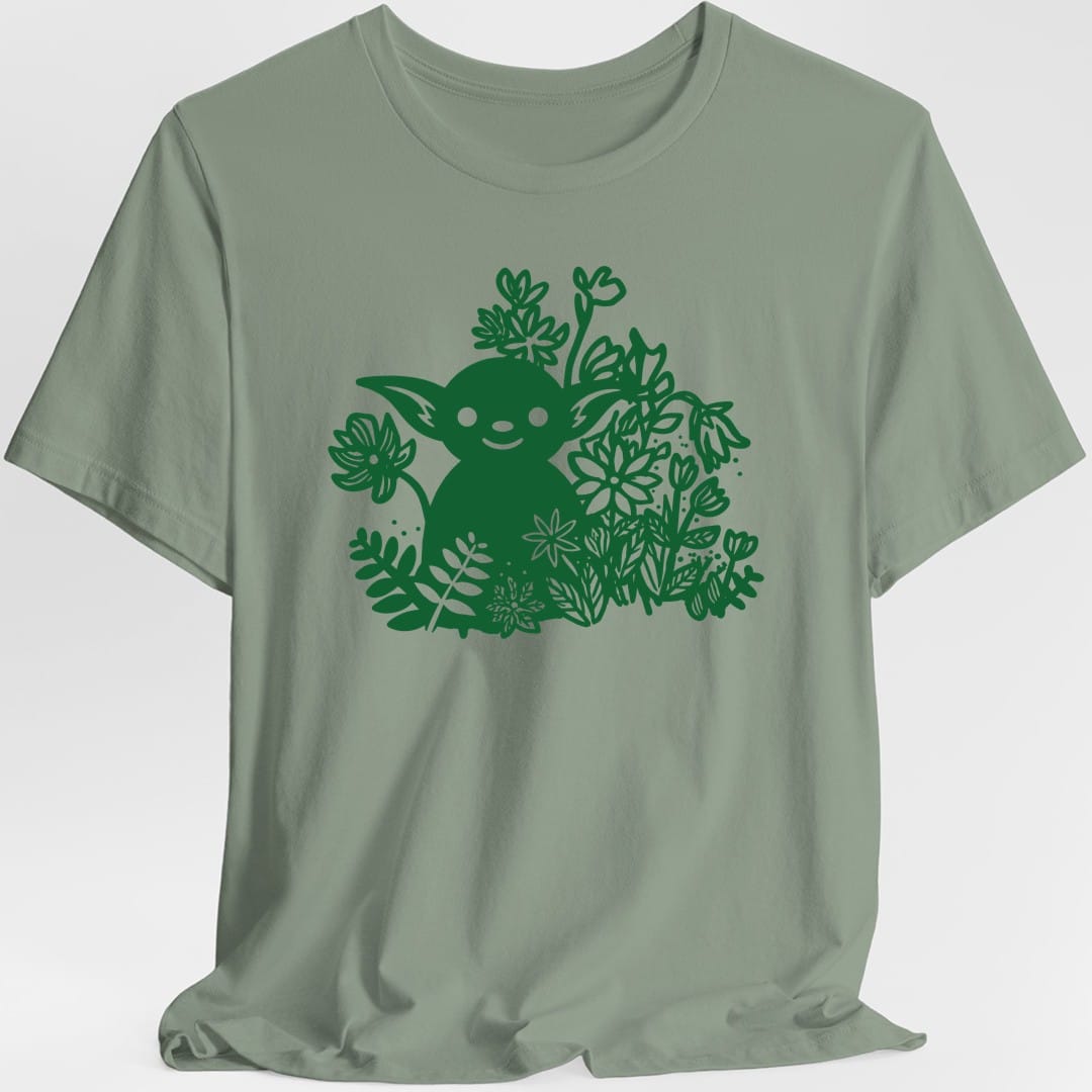 The same Goblin in flowers design, on a sage t-shirt.