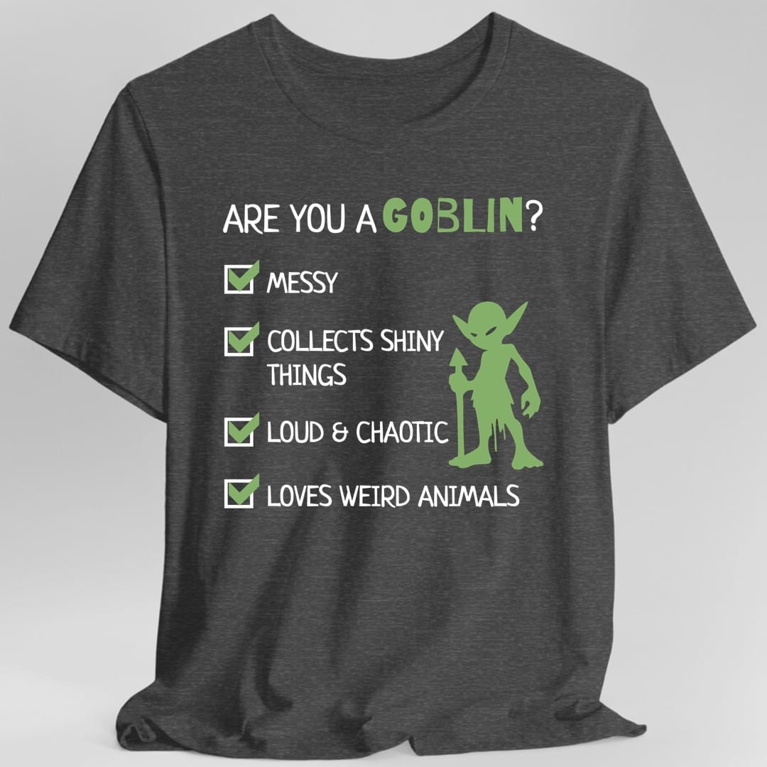The same Goblin Quiz design, on a dark heather t-shirt.