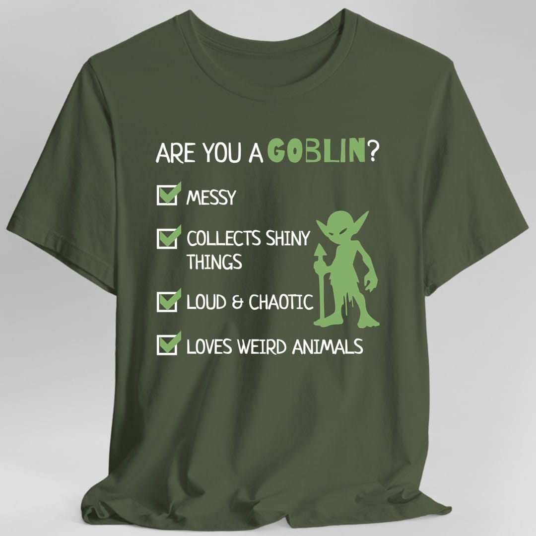 The same Goblin Quiz design, on a military green t-shirt.