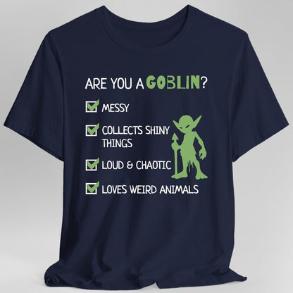 The same Goblin Quiz design, on a navy t-shirt.