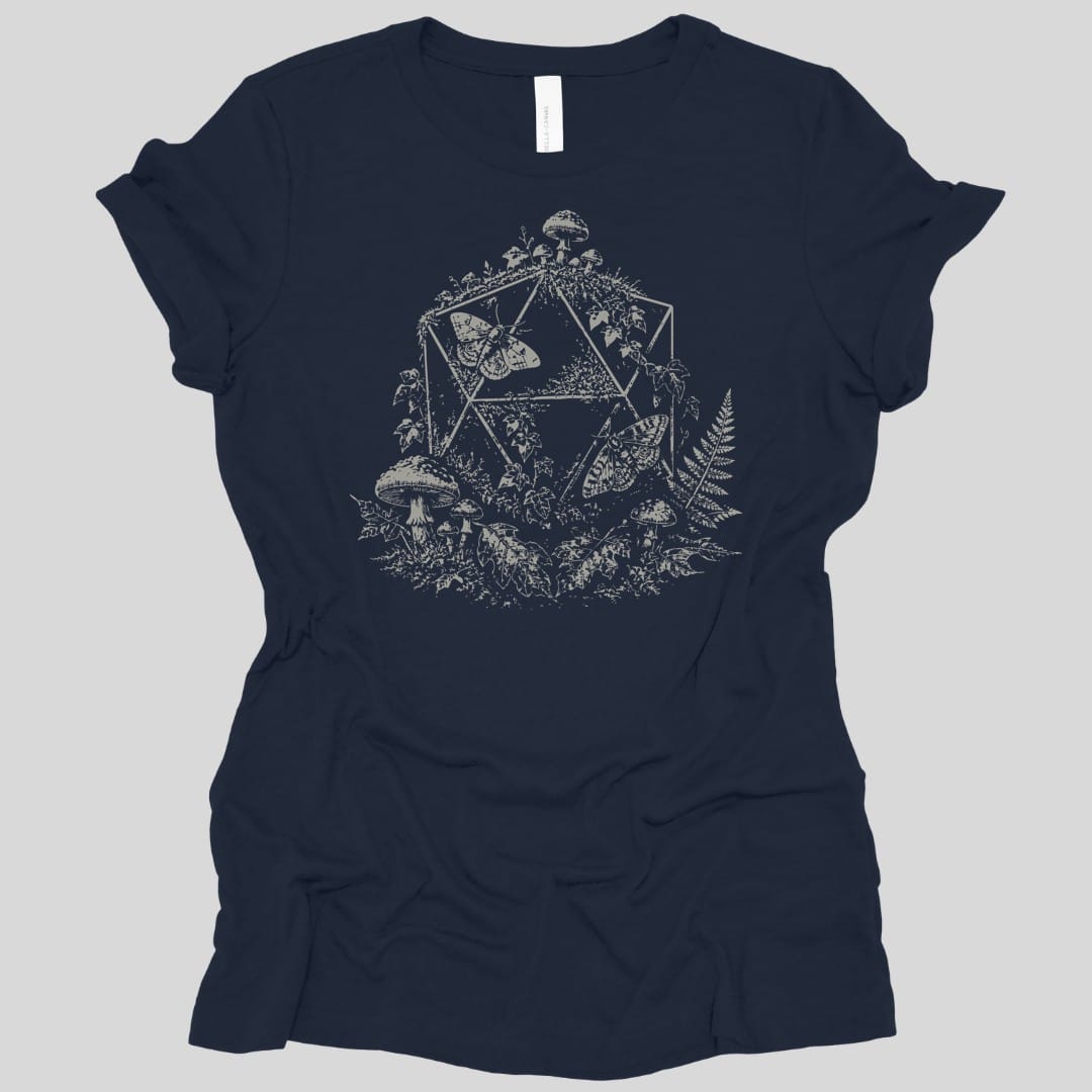 The same Goblincore D20 stipple design, on a navy women's t-shirt.