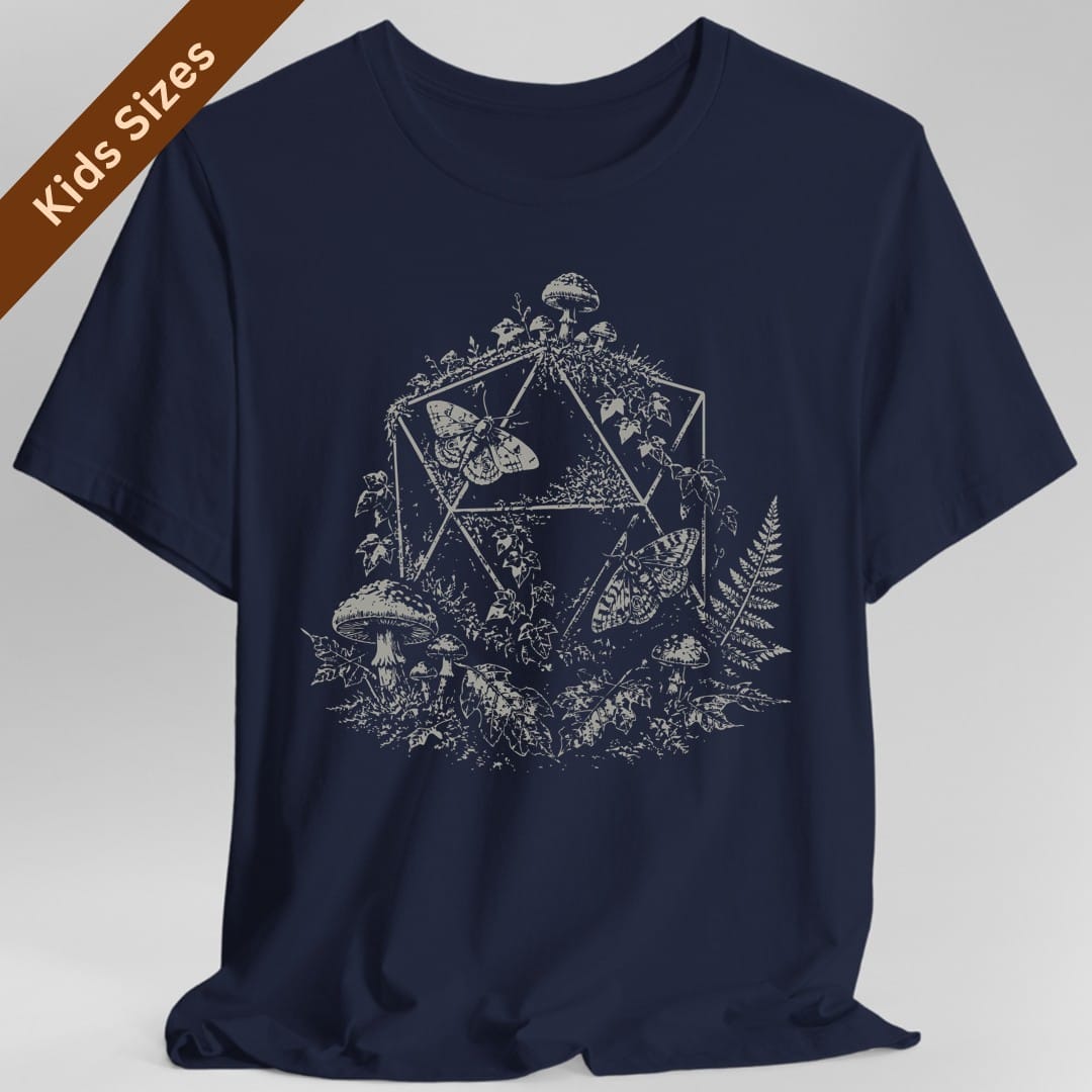 The same Goblincore D20 stipple design, on a navy kids t-shirt.