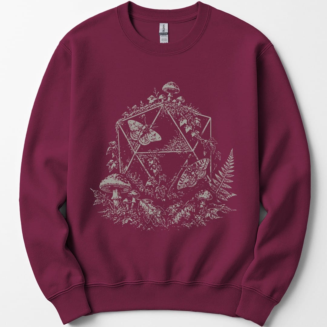 The same Goblincore D20 stipple design, on a maroon sweatshirt.