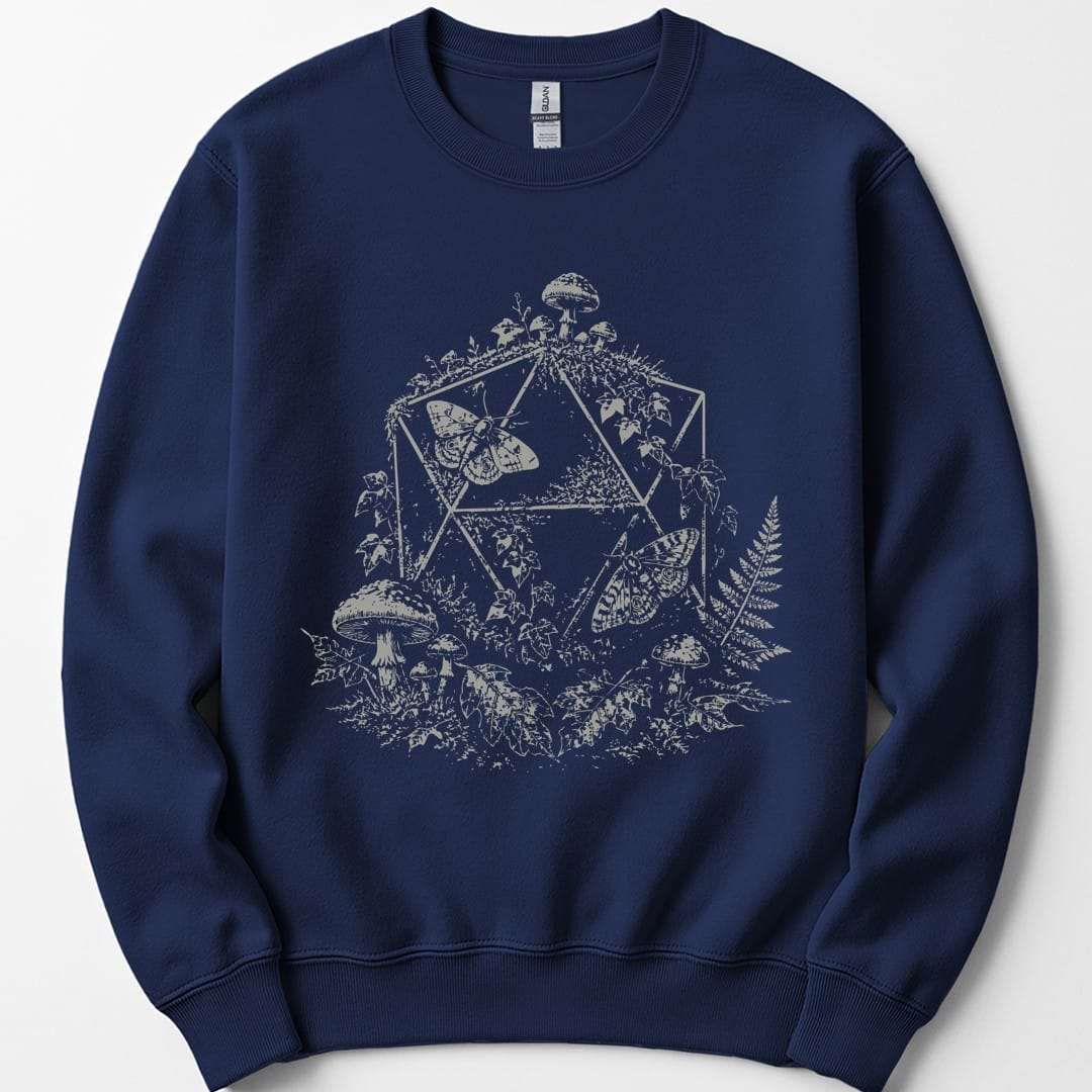 The same Goblincore D20 stipple design, on a navy sweatshirt.