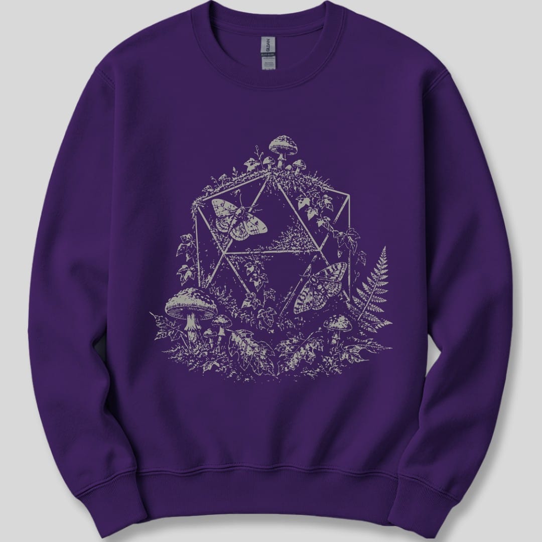 The same Goblincore D20 stipple design, on a purple sweatshirt.