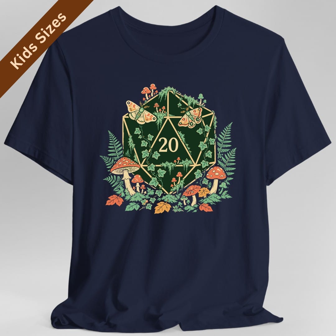 The same Goblincore D20 color design, on a navy kids t-shirt.