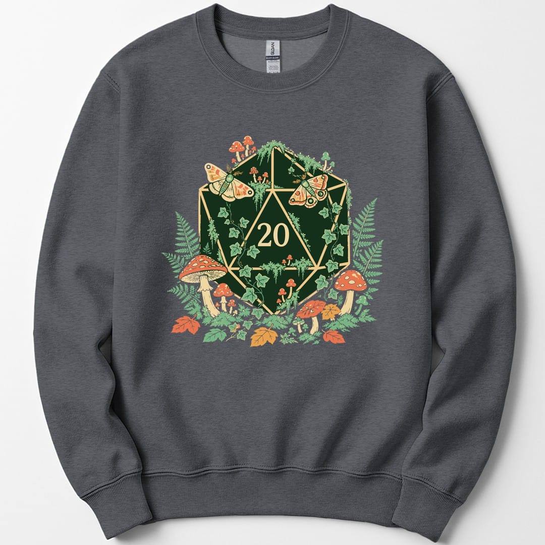The same Goblincore D20 color design, on a dark heather sweatshirt.