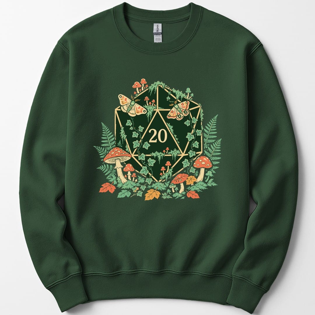 The same Goblincore D20 color design, on a forest green sweatshirt.
