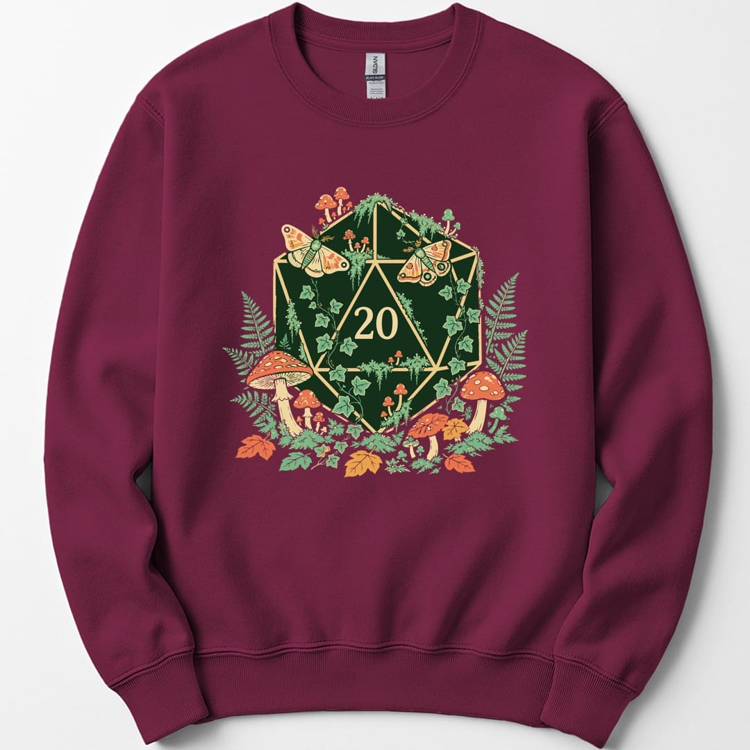 The same Goblincore D20 color design, on a maroon sweatshirt.