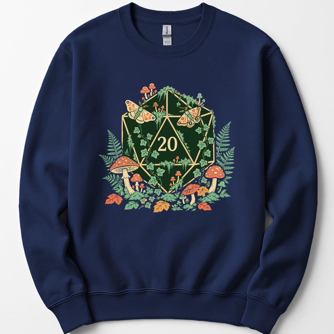 The same Goblincore D20 color design, on a navy sweatshirt.