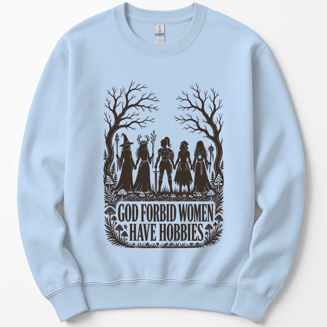 The same God Forbid Women Have Hobbies design, on a light blue sweatshirt.