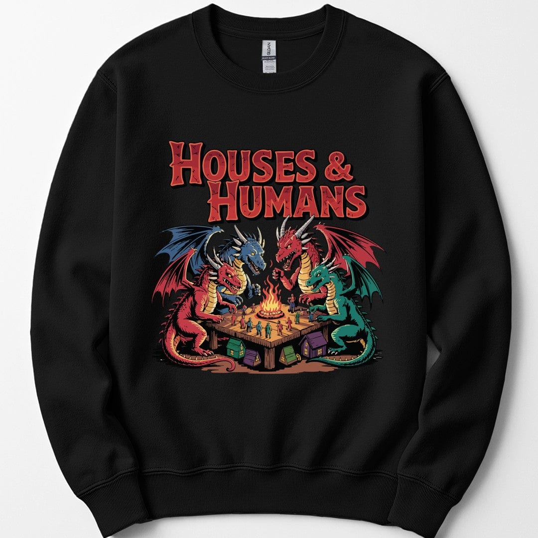 The same Houses and Humans dragons design, on a black sweatshirt.