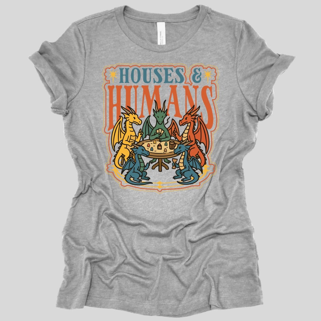 The same Houses and Humans dragons at game night design, on an athletic heather women's t-shirt.