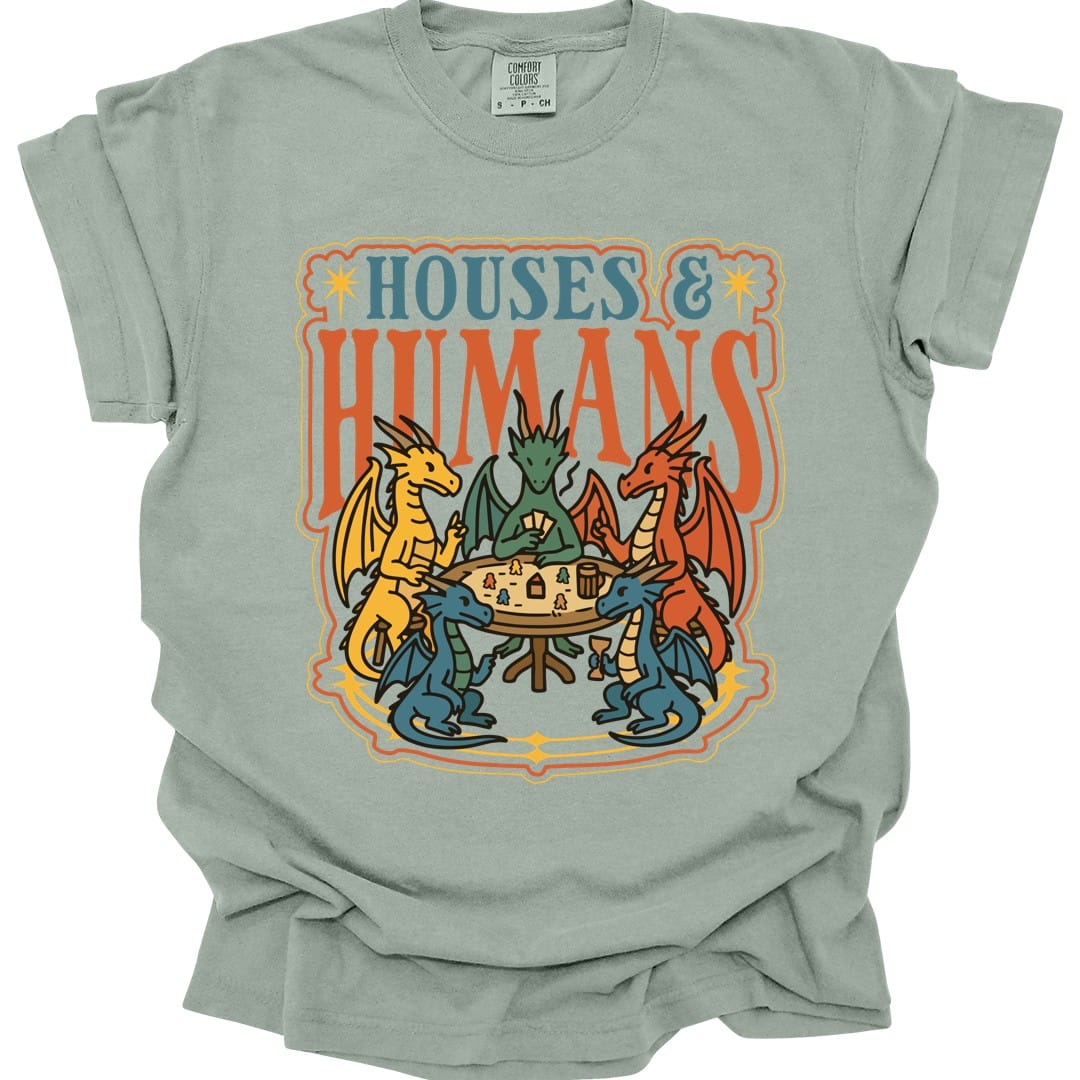 The same Houses and Humans dragons at game night design, on a bay t-shirt.