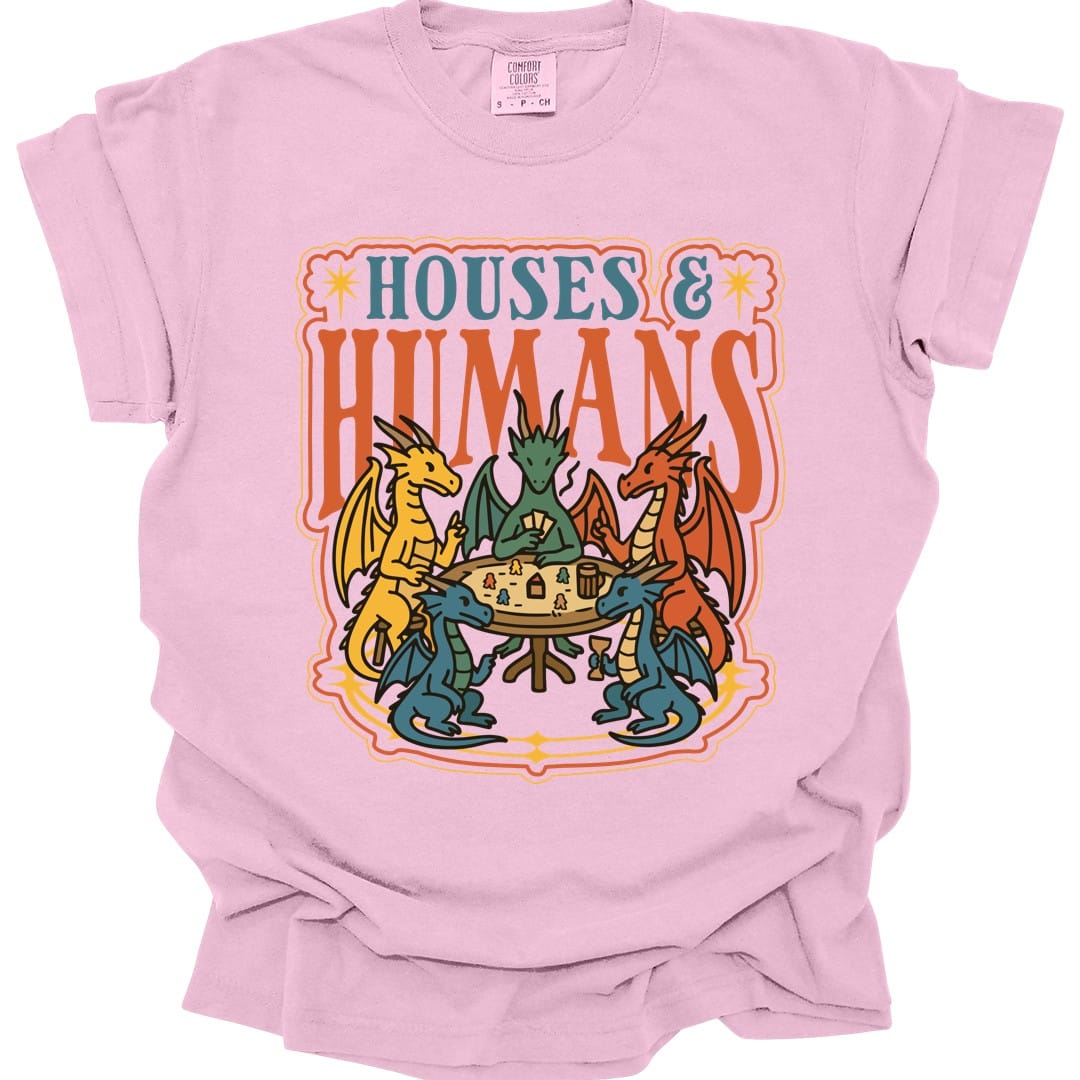 The same Houses and Humans dragons at game night design, on a blossom t-shirt.