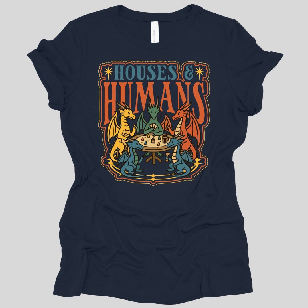 The same Houses and Humans dragons at game night design, on a navy women's t-shirt.