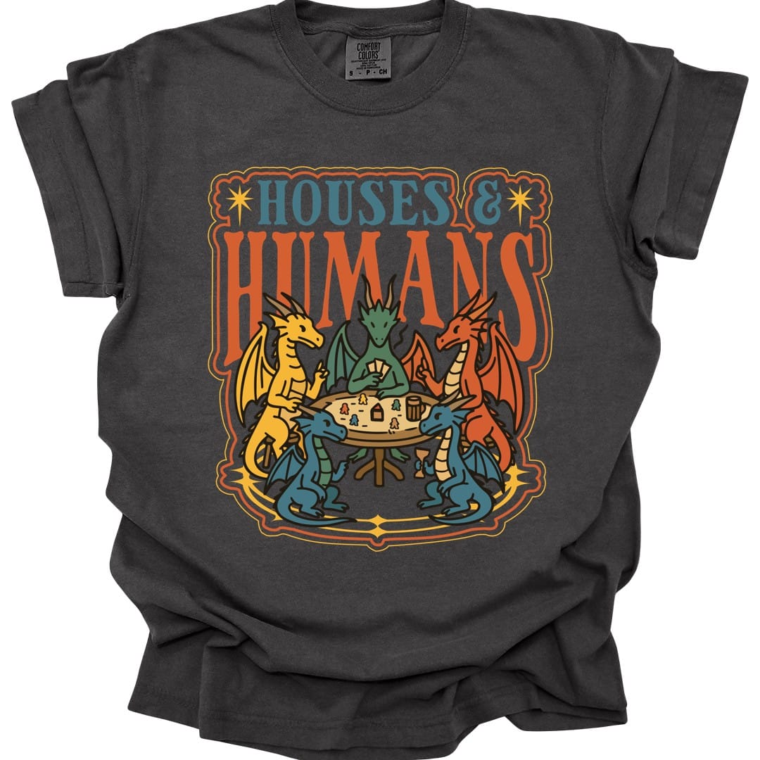 The same Houses and Humans dragons at game night design, on a pepper t-shirt.
