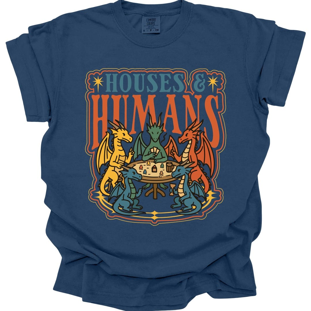 The same Houses and Humans dragons at game night design, on a true navy t-shirt.