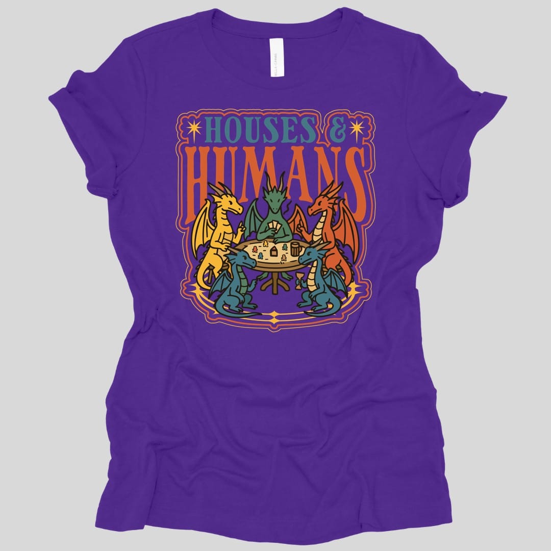 The same Houses and Humans dragons at game night design, on a team purple women's t-shirt.