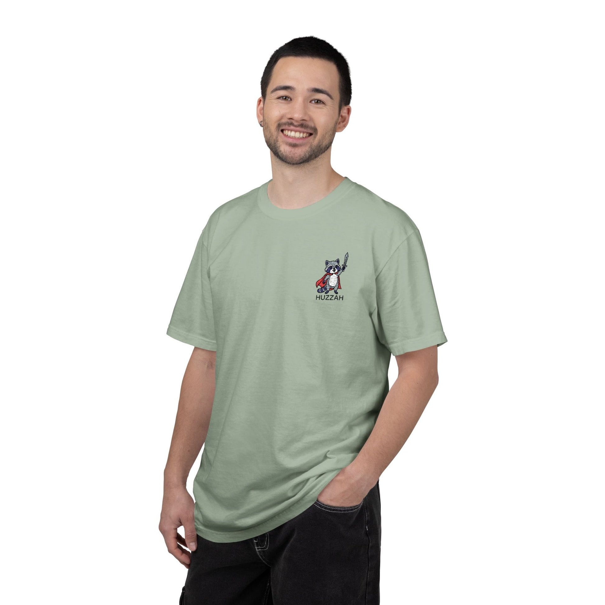 Printify T-Shirt Huzzah Raccoon Embroidery T-Shirt - Comfort Colors